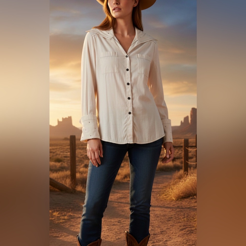 Look Embellished Cream Button-Up Shirt M Boho Western Boho Office Rhintones Gyps